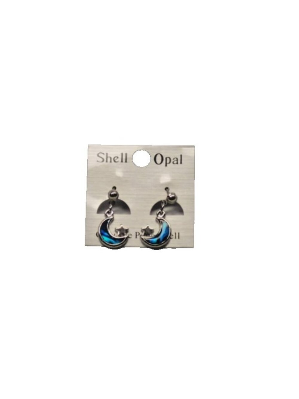 Paua Shell Iridescent Blue Silver Tone Dangle Crescent Moon w/Star Post Earrings